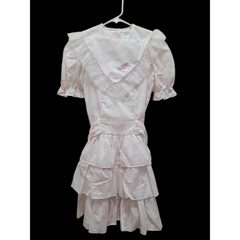 Vtg 80s Bryan Pink Ruffle Lace Dress Size 8 Girls Made USA Cotton Blend